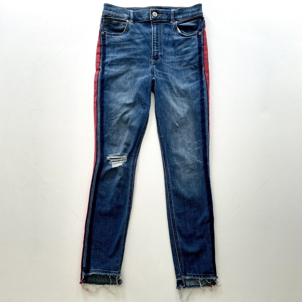Express Jeans Women's 6 Blue Ankle Legging Distressed Red Side Stripe Faded